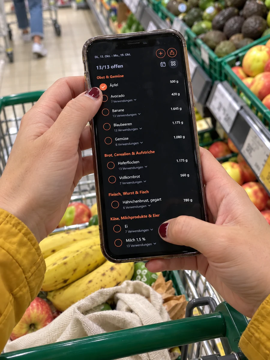 POV im Supermarkt: Eine Hand hält die sortierte Einkaufsliste über dem Einkaufswagen.