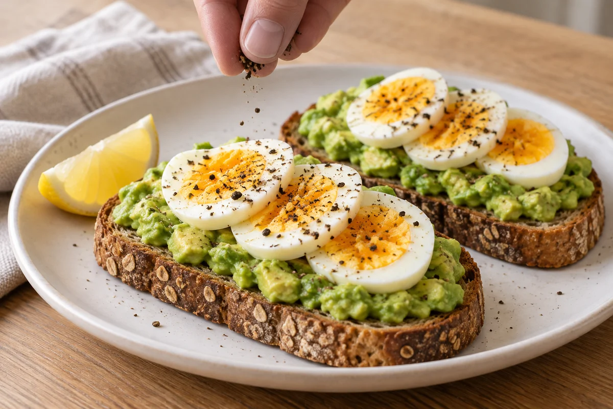 Knuspriges Vollkornbrot mit Avocado und Ei wird mit schwarzem Pfeffer verfeinert.