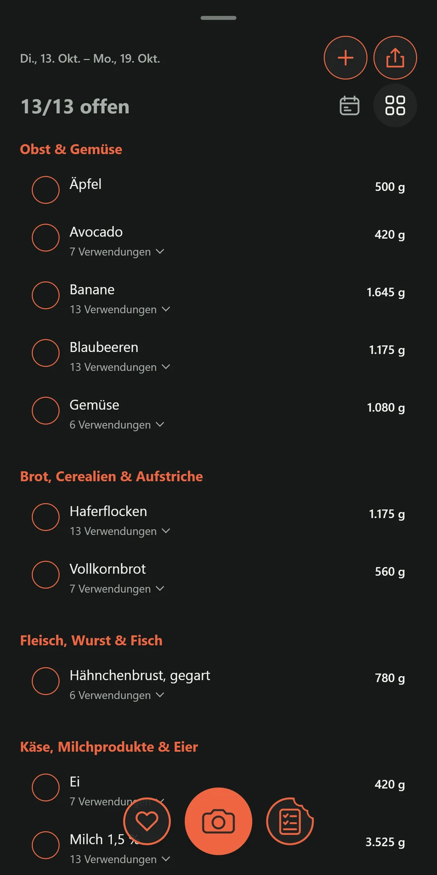 Automatische Einkaufsliste mit Zutaten, Mengen und Kategorien