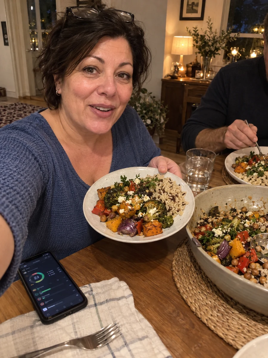 Beispielmotiv: Eine Frau zeigt ihre eigene Portion beim gemeinsamen Abendessen.