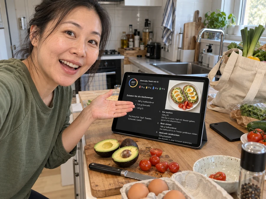 Beispielmotiv: Eine Frau zeigt das vollständige Rezept auf einem Tablet neben ihren Einkäufen.